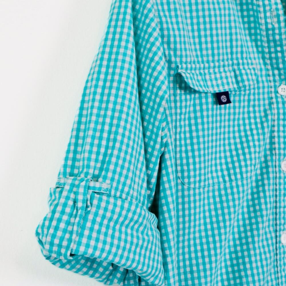 Simply Southern Size M Long Sleeve Button Up Shirt Gingham Check Teal - Picture 4 of 11